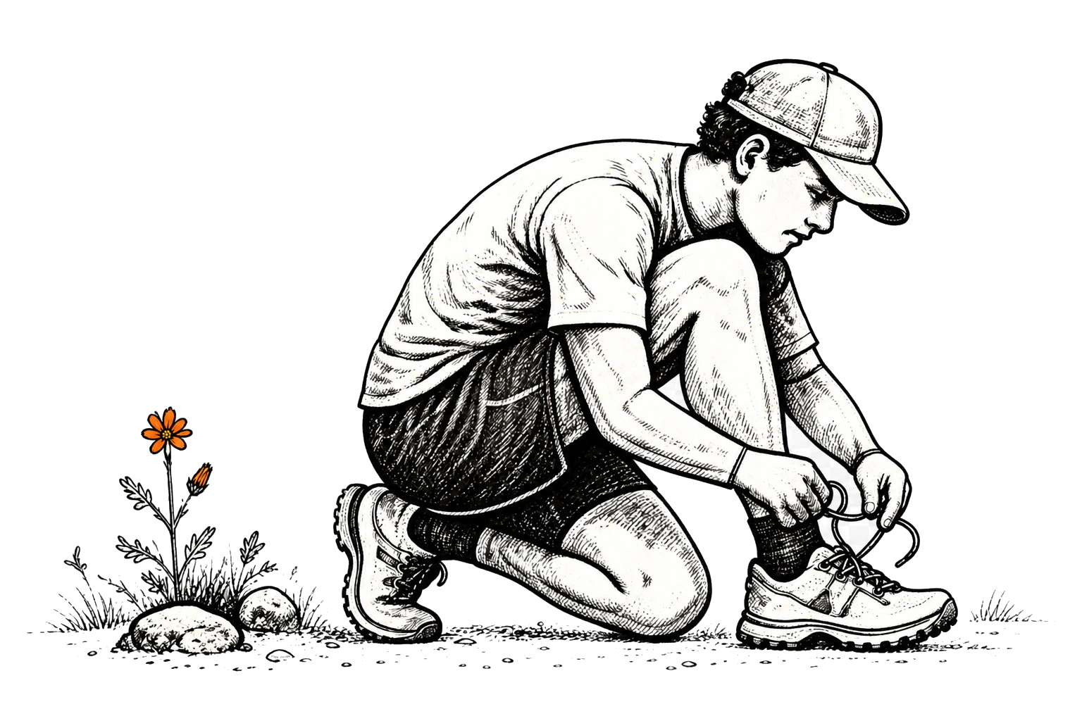 An ink-drawn runner stopping to tie their shoe before the next run