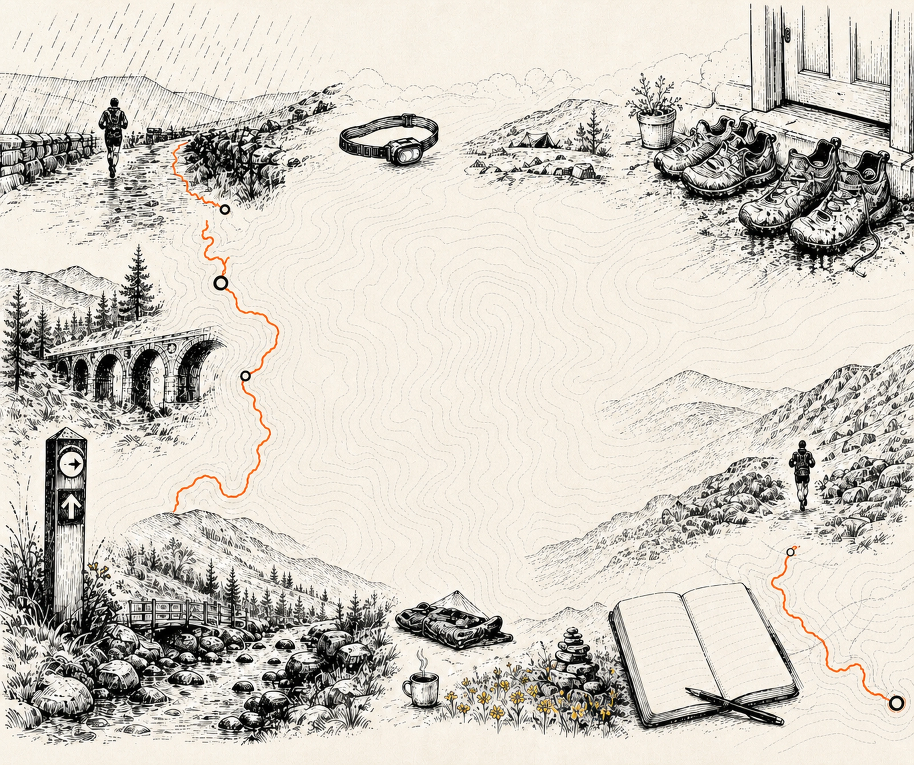 An ink-drawn world of mountain trails, runners, a viaduct, shoes and a field journal