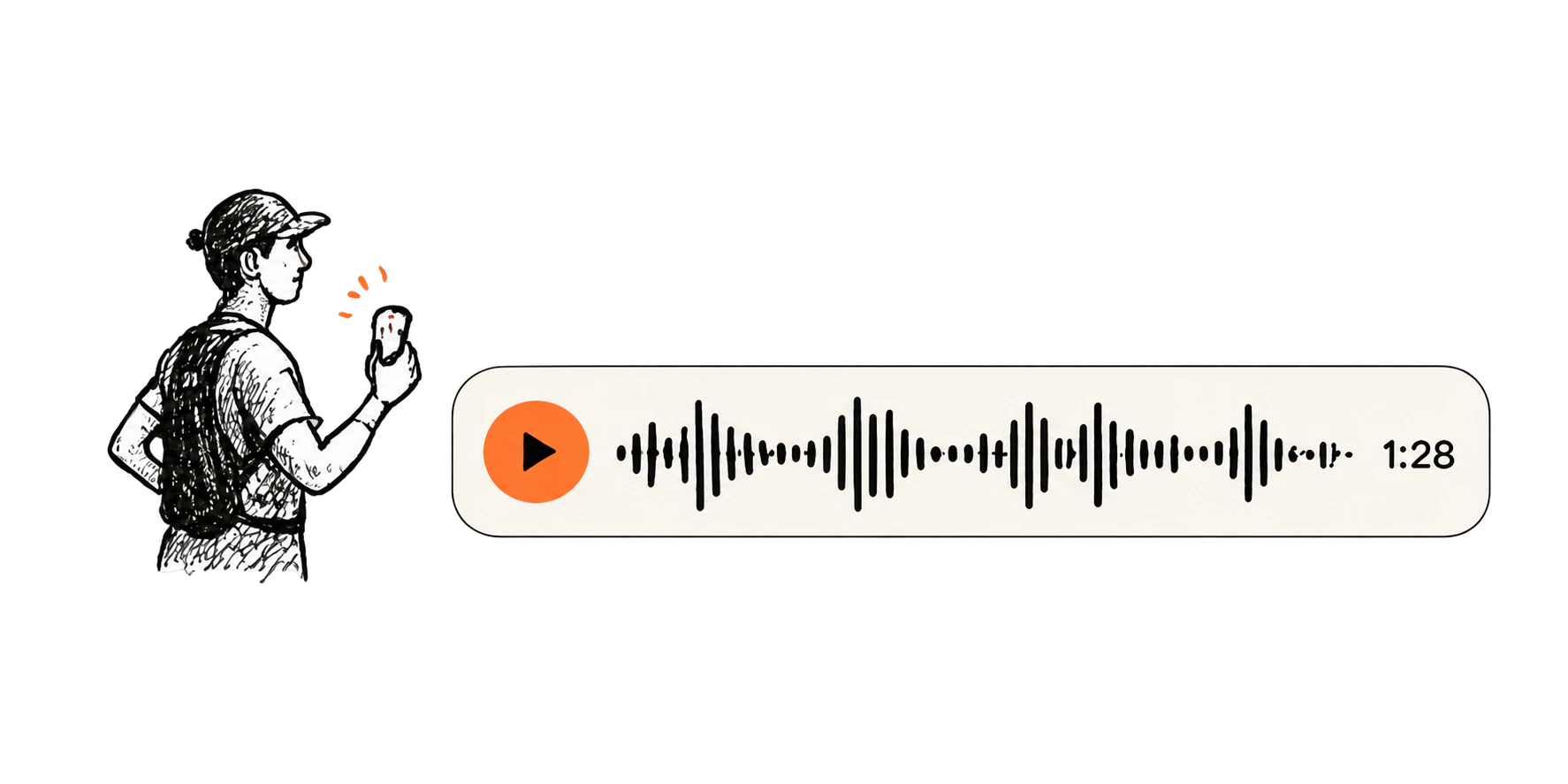 Ink illustration of a runner recording a voice note, with an orange waveform