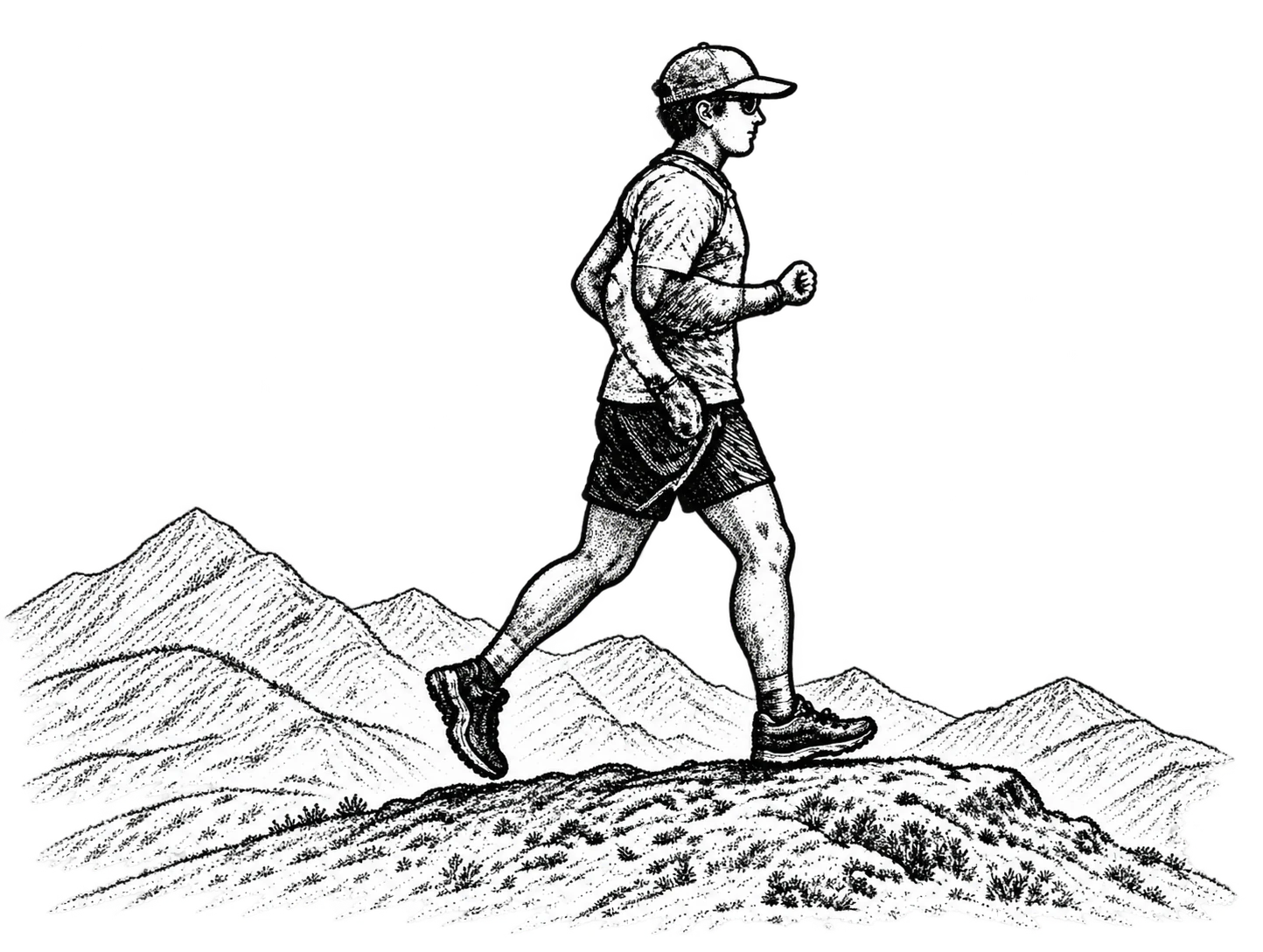 An ink-drawn runner finding their own path across the hills
